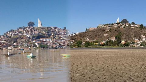 Espectacular sequía del Lago de Pátzcuaro de México, sitio turístico, ilustrada con impresionantes fotografías de antes y después.